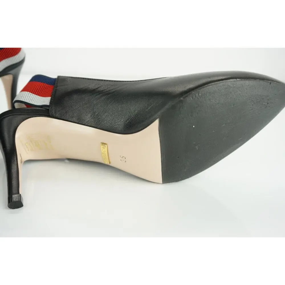 Gucci Sylvie Black Leather Web Strap Pointed Toe Slingback Pumps Size 35 $695
